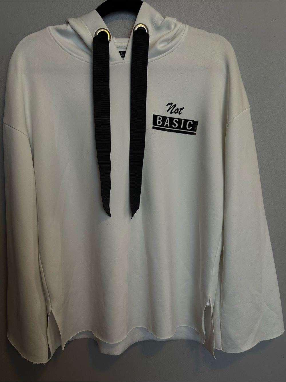 Bershka White Hoodie with Black Drawstrings and 'Not BASIC' Detail